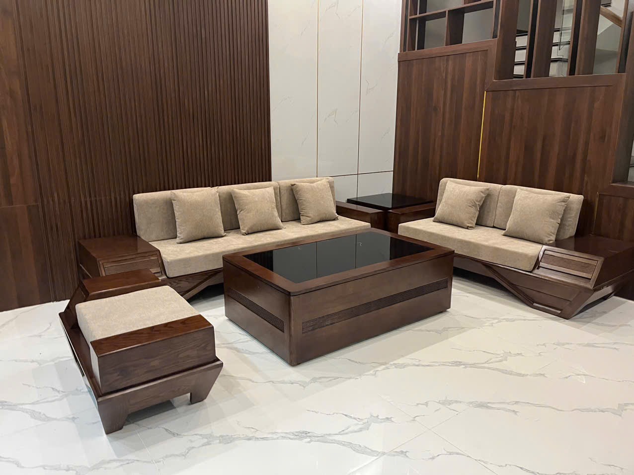 Bộ Sofa gỗ chân thuyền phòng khách cao cấp new 2024 Gỗ sồi nga