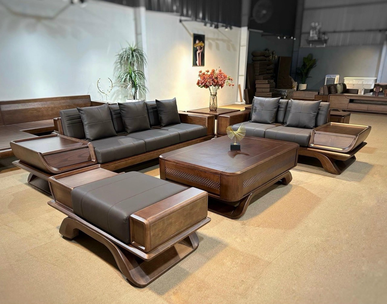 Sofa gỗ cao cấp kiểu dáng chân chéo 2 văng mới 2024