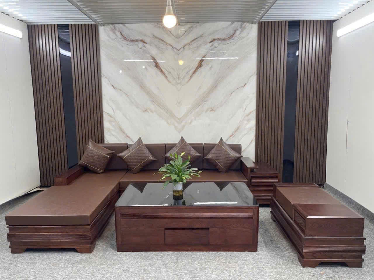 Bàn ghế sofa gỗ phòng khách chân pháo góc chữ L