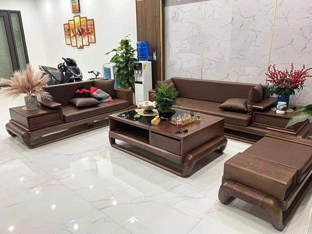 Bộ Bàn Ghế Phòng Khách Gỗ Sồi Màu Óc Chó Cao Cấp